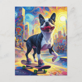 Cartão Postal Skateboard Colorida Surreal Boston Terrier