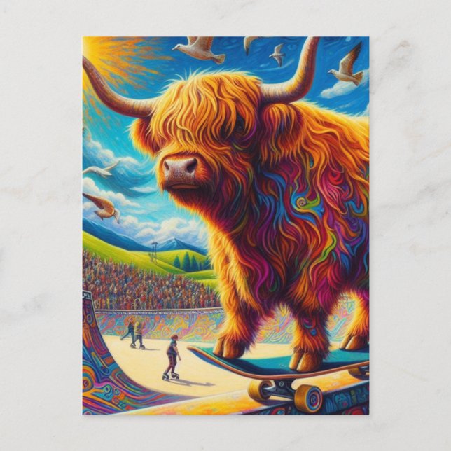 Cartão Postal Skateboard Highland Cow Diversão Colorida Surreal (Frente)