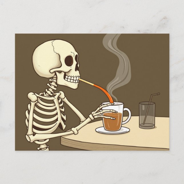 Cartão Postal Skeleton Bebendo Café Art (Frente)