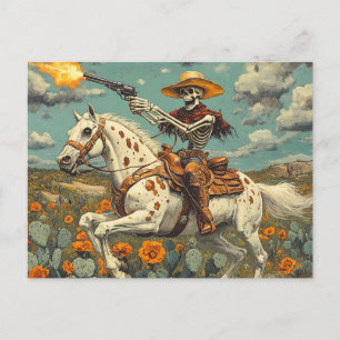 Cartão Postal Skeleton Cowboy em um Cavalo Appaloosa em Cactus