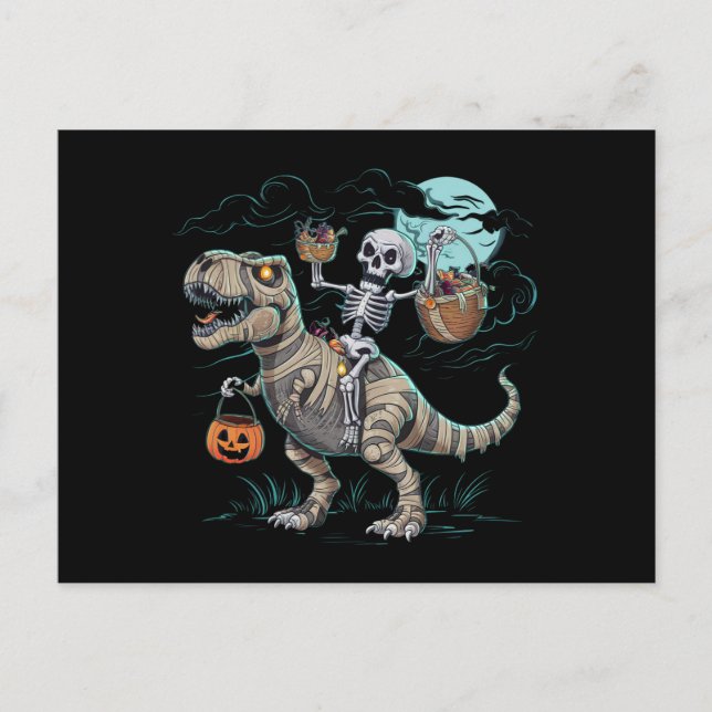 Cartão Postal Skeleton Riding Dinossaur T rex Halloween Popkin (Frente)
