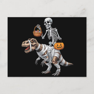 Cartão Postal Skeleton Riding Mummy Dinosaur T rex Halloween