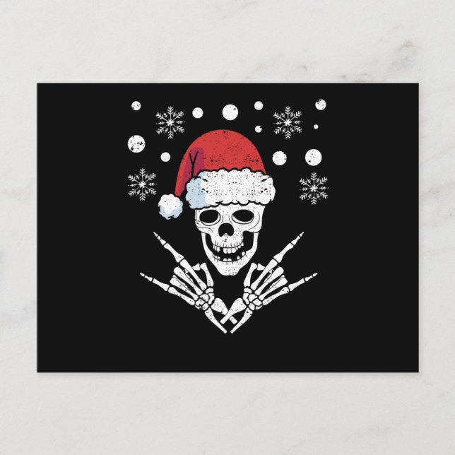 Cartão Postal Skeleton Santa Claus Cap Rock And Roll Hand (Frente)