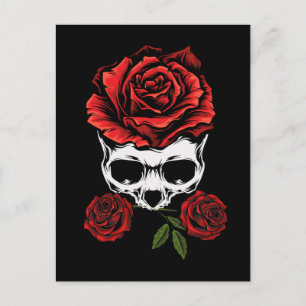 Cartão Postal Skeleton Skull com Rosas Morte Floral Romântica