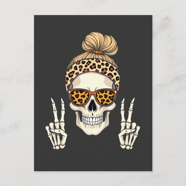 Cartão Postal Skeleton Skull Leopard Halloween Mãe (Frente)