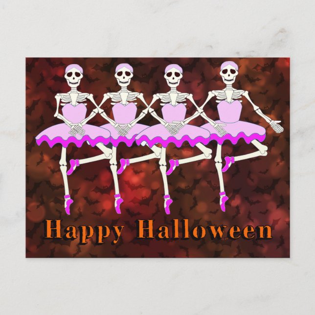Cartão Postal Skeletons Dançando Balé "Feliz Halloween" (Frente)