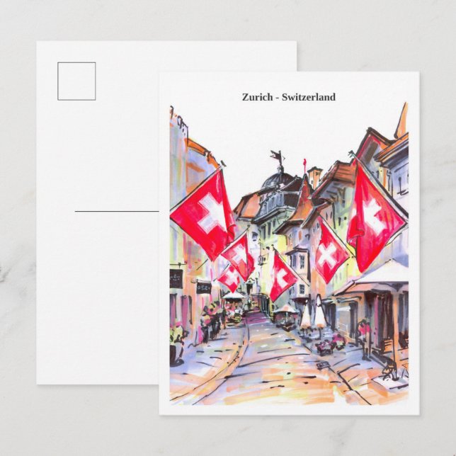 Cartão Postal Sketch cozy street Zurich Switzerland (Frente/Verso)
