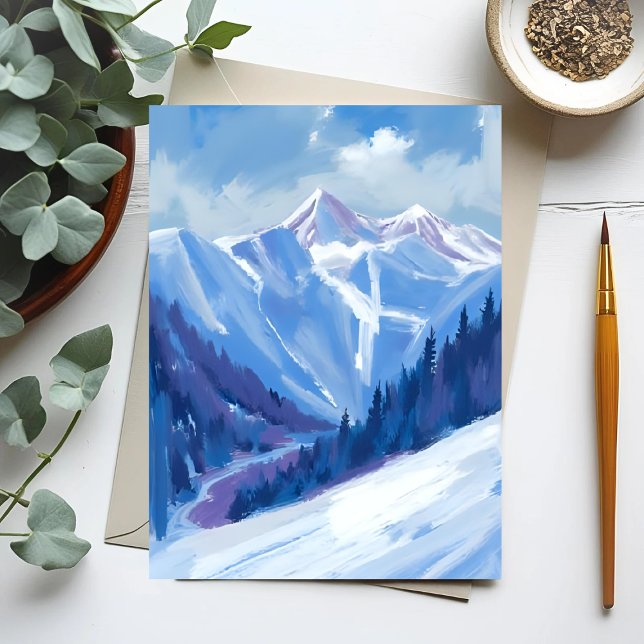 Cartão Postal Ski Mountain | Blue Watercolor Mountain Range (Criador carregado)
