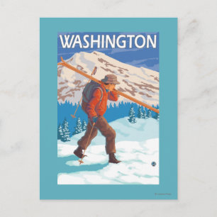 Cartão Postal Skier Carregando Snow Skis - Washington