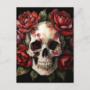 Cartão Postal Skull WIth Rosa vermelha Watercolor
