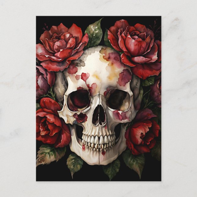 Cartão Postal Skull WIth Rosa vermelha Watercolor (Frente)