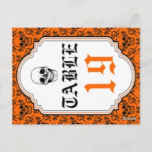 Cartão Postal Skulls damask laranja, número preto da mesa de ca