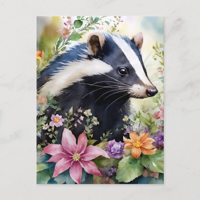 Cartão Postal Skunk Floral Portrait Art (Frente)