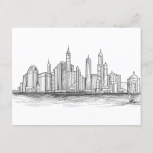 Cartão Postal Skyline Cidade - Desenho Preto E Branco