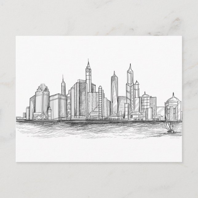 Cartão Postal Skyline Cidade - Desenho Preto E Branco (Frente)