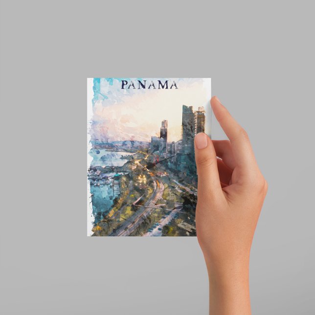 Cartão Postal Skyline da Cidade do Panamá (panama city watercolor postca)
