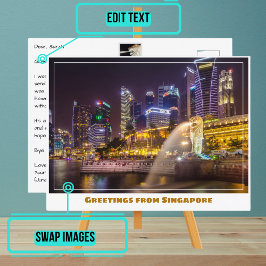 Cartão Postal Skyline de Cingapura à Noite com o Merlion