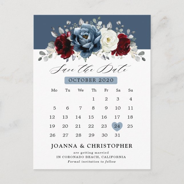 Cartão Postal Slate Blue Burgundy White Ivory Floral Casamento P (Frente)