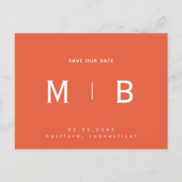 Cartão Postal Sleek Monograma Laranja Casamento Salve nossa Data