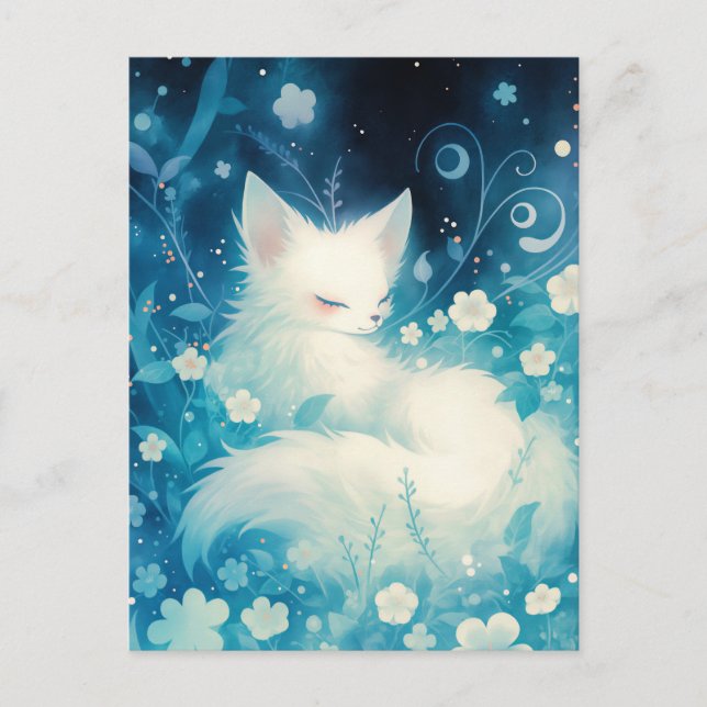 Cartão Postal Sleeping White Fox in Blue Midnight Garden (Frente)