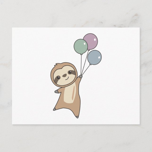 Cartão Postal Sloth Voa Para Cima Com Balões (Frente)