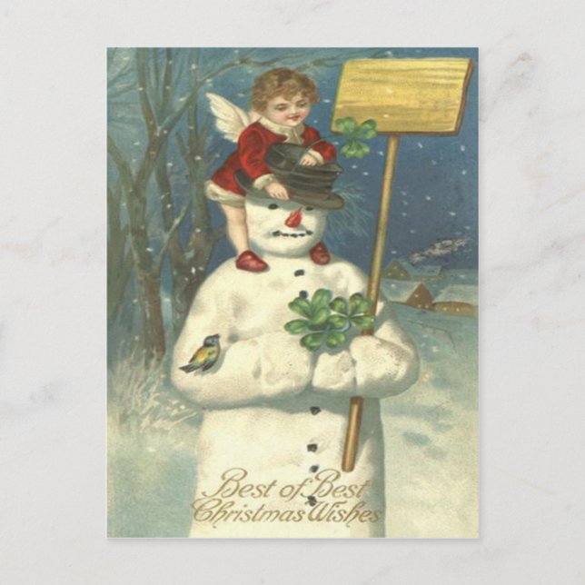 Cartão Postal Smiling Cherub Snowman Shamrock Songbird (Frente)