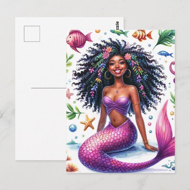 Cartão Postal Smiling Dark-Skinned Mermaid With Pink Tail (Frente/Verso)