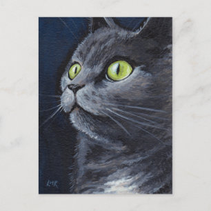 Cartão Postal Smokey   Retrato de Gato de Cinza Azul Verde