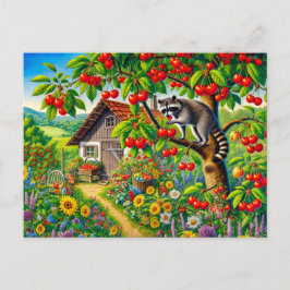 Cartão Postal Snacking de guaxinim em cerejas na antiga árvore c