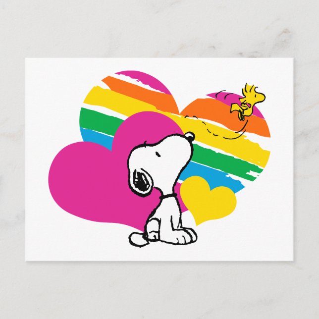 Cartão Postal Snoopy e Woodstock | Corações Arco-Íris (Frente)
