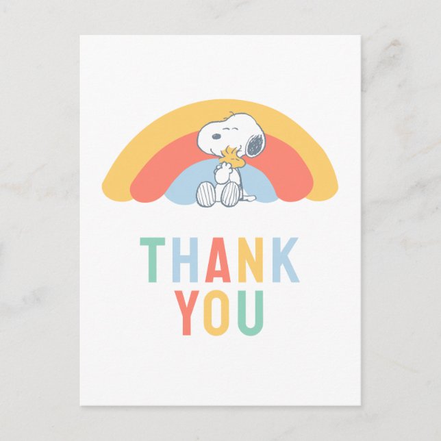 Cartão Postal Snoopy & Woodstock Rainbow Baby Shower Postcard (Frente)
