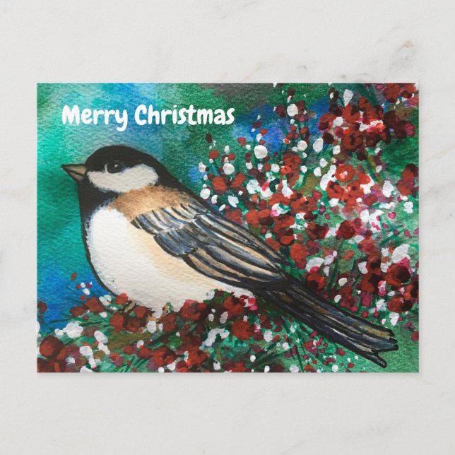 Cartão Postal Snowberry Chickadee Forest Feliz Natal (Frente)