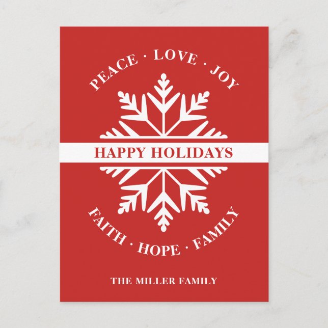 Cartão Postal Snowflake Holiday Peace Love Joy Faith Hope (Frente)