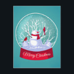 Cartão Postal Snowglobe Snowman - Pássaros Vermelhos Cardinhos<br><div class="desc">Snowglobe de Natal Snowman com aves Vermelhas Cardinais na neve e flocos de neve gelados. Excelente para a época de Natal ou Férias.</div>