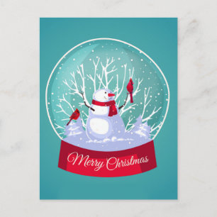 Cartão Postal Snowglobe Snowman - Pássaros Vermelhos Cardinhos