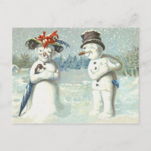 Cartão Postal Snowman Casal Winter Snow Field