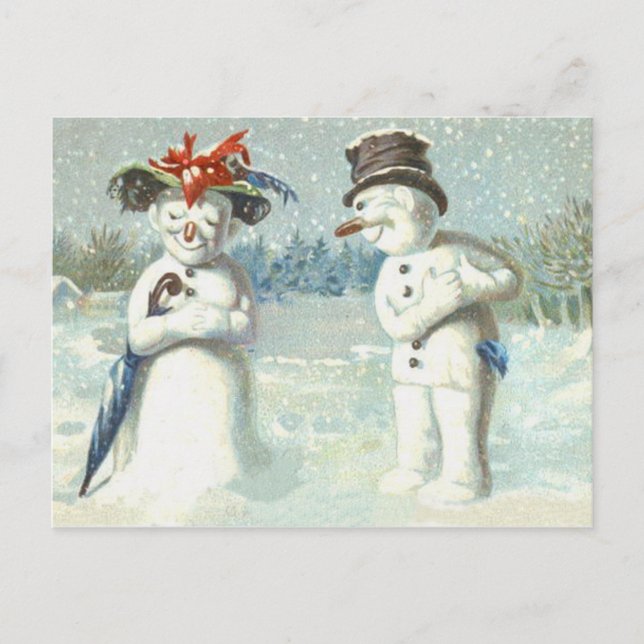Cartão Postal Snowman Casal Winter Snow Field (Frente)