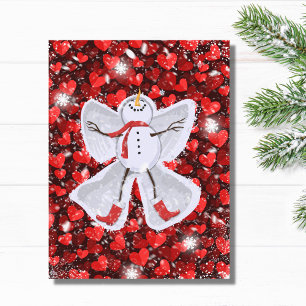 Cartão Postal Snowman Fazer a Snow Angel on Red Hearts Winter