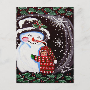 Cartão Postal Snowman Hug Winter Folk art