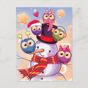 Cartão Postal Snowman & Owls