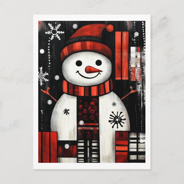 Cartão Postal Snowman Red, Black & White Holiday Chee (Frente)