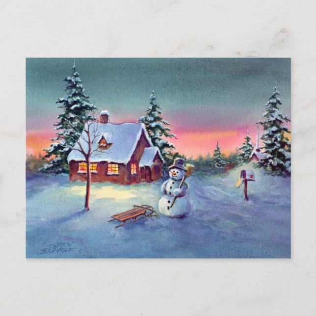 Cartão Postal SNOWMAN & SLED por SHARON SHARPE (Frente)