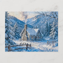Cartão Postal Snowy Mountain Cottage with Smoke and Pines Painti