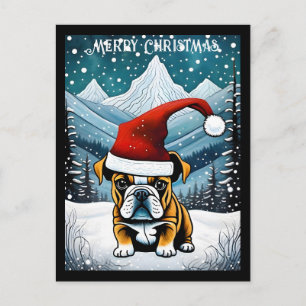 Cartão Postal Snowy Mountain Cute Bulldog Papai noel Natal