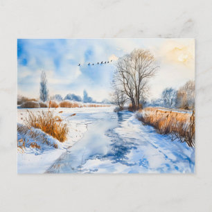 Cartão Postal Snowy Riverbank em Winter Havelland Watercolor