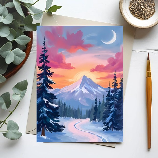 Cartão Postal Snowy Summit Sunset | Winter Landscape Painting (Criador carregado)