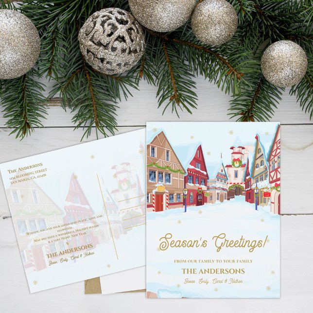 Cartão Postal Snowy Village Family Natal da temporada (Season’s Greetings Snowy Village Family Christmas Postcard)