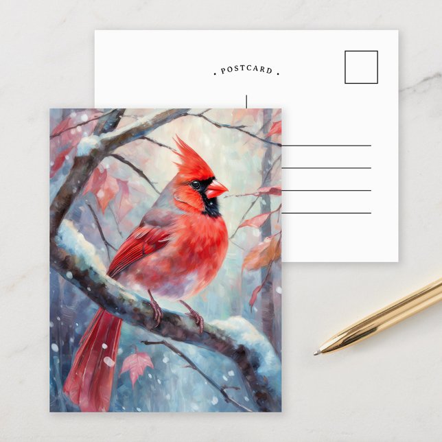 Cartão Postal Snowy Winter Cardinal Modern Art (Criador carregado)