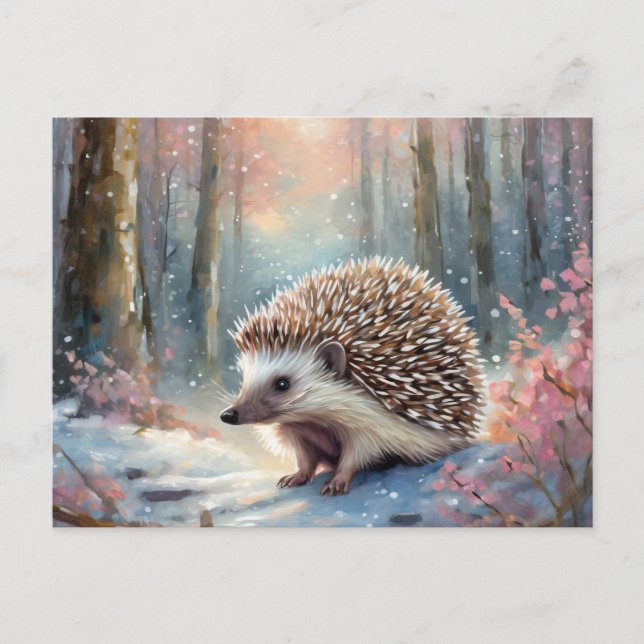Cartão Postal Snowy Winter Hedgehog Arte Moderna (Frente)