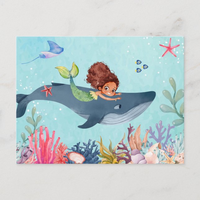Cartão Postal Sob o mar, sereia e baleia (Frente)